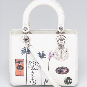 CHRISTIAN DIOR White Embossed Calfskin Leather Paradise Medium Lady Dior Bag